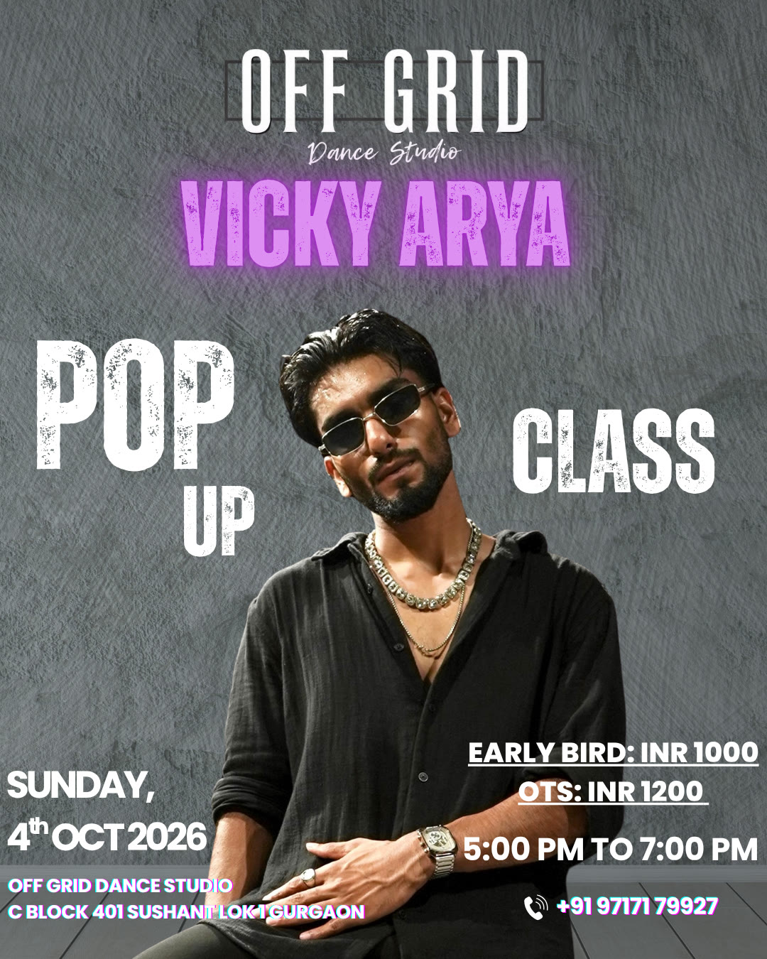 Vicky Arya pop-up class poster, Off Grid Dance Studio Gurgaon